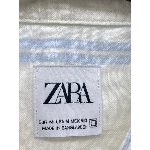 ZARA Men's White-Blue Striped Linen-Blend Button-Up Long Sleeve Top SZ M - Picture 7 of 11